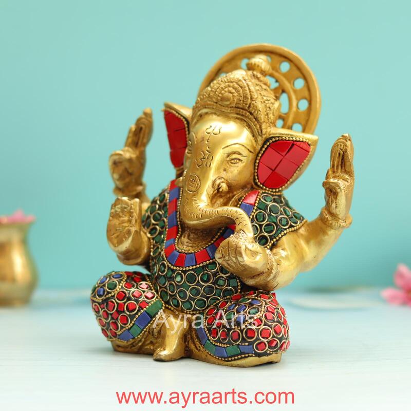 Divine Brass Ganesha Idol in Stone Work - 6.8 Inch Height