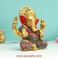 Divine Brass Ganesha Idol in Stone Work - 6.8 Inch Height