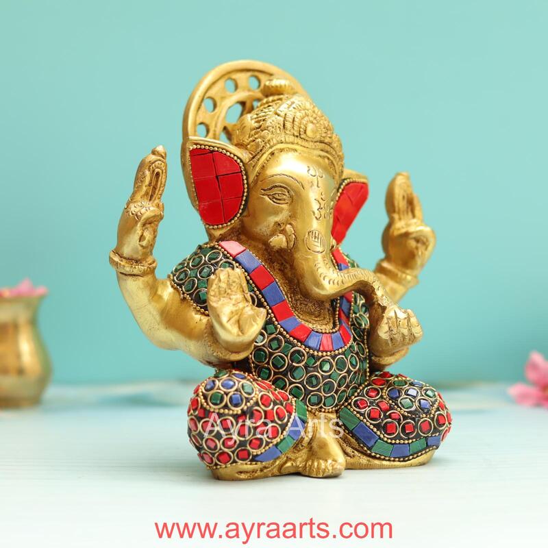Divine Brass Ganesha Idol in Stone Work - 6.8 Inch Height
