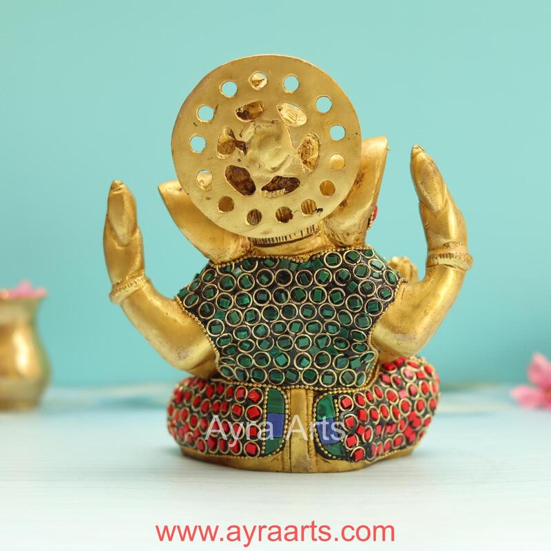 Divine Brass Ganesha Idol in Stone Work - 6.8 Inch Height