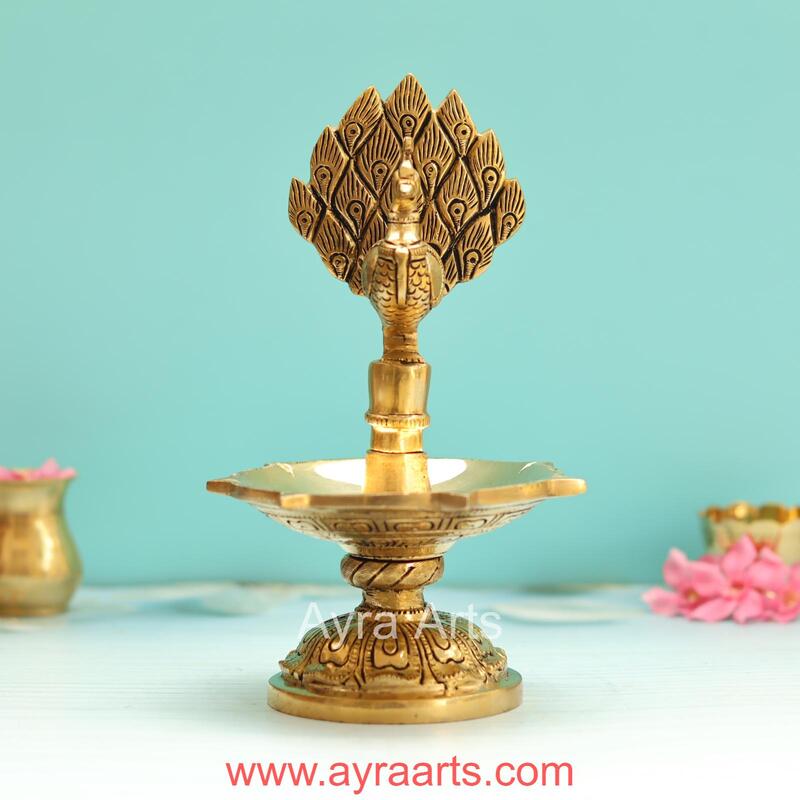 Brass Peacock Five Wick Diya - 8.8 Inch Height