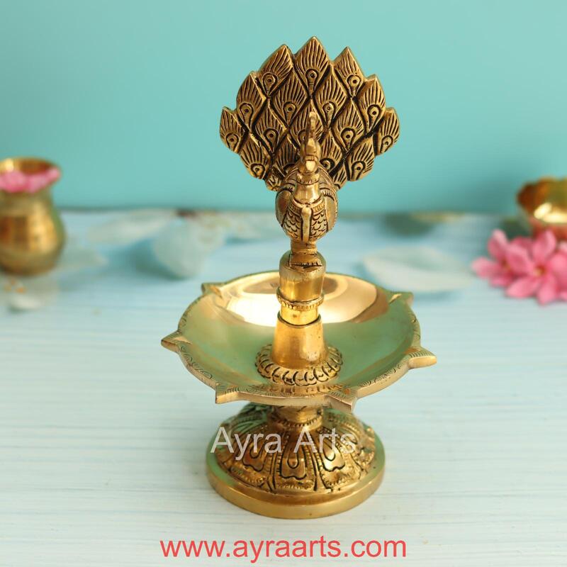 Brass Peacock Five Wick Diya - 8.8 Inch Height