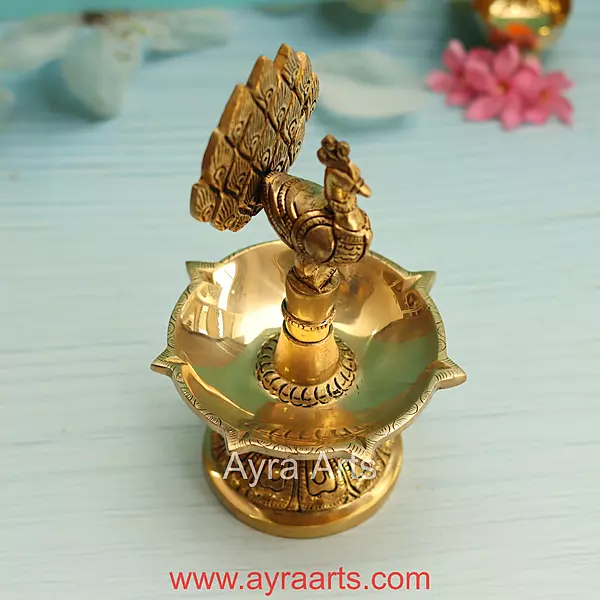 Brass Peacock Five Wick Diya - 8.8 Inch Height