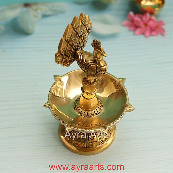 Brass Peacock Five Wick Diya - 8.8 Inch Height