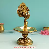 Brass Peacock Five Wick Diya - 8.8 Inch Height