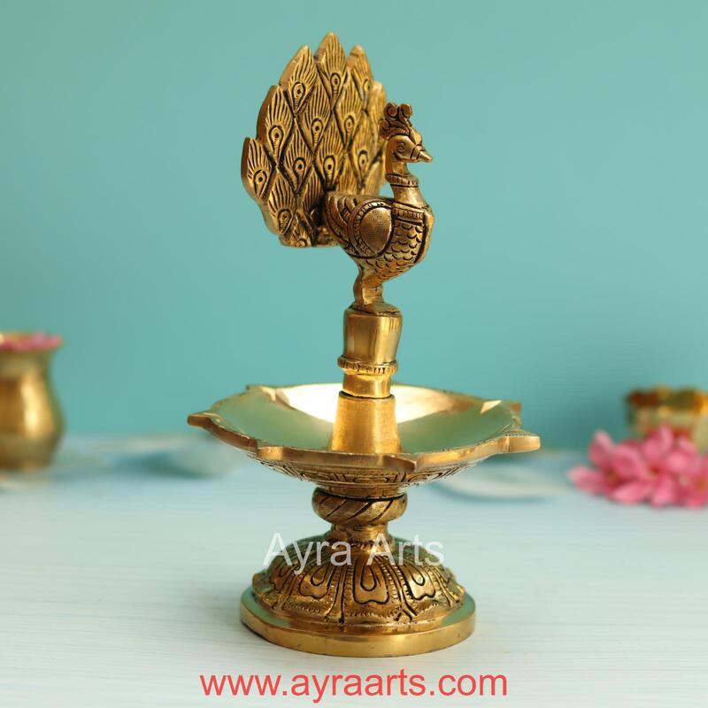 Brass Peacock Five Wick Diya - 8.8 Inch Height