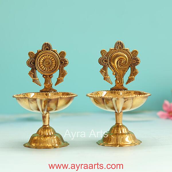 Brass Shank Chakra Diya Set - 4.8 Inch Height
