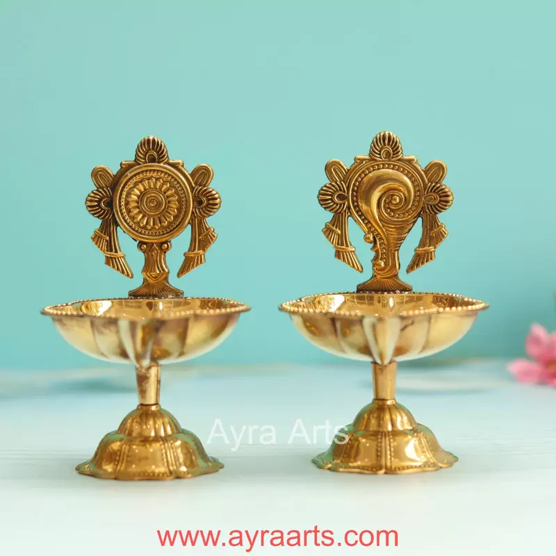 Brass Shank Chakra Diya Set - 4.8 Inch Height