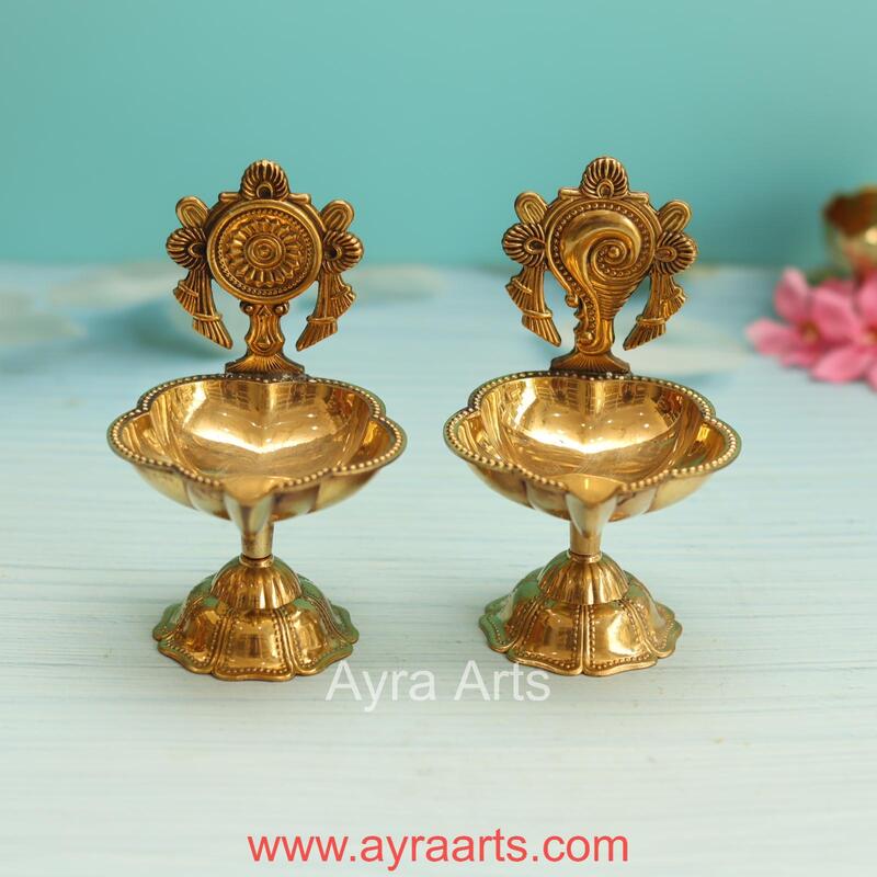 Brass Shank Chakra Diya Set - 4.8 Inch Height