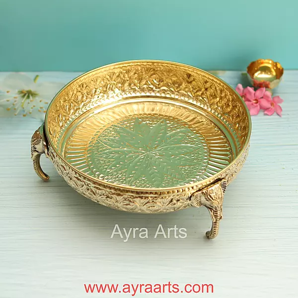 Brass Elephant Carving Plate for Home Decoration - 10 Inch Length