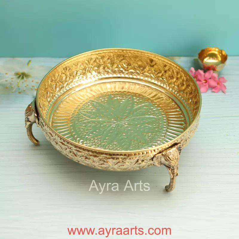 Brass Elephant Carving Plate for Home Decoration - 10 Inch Length