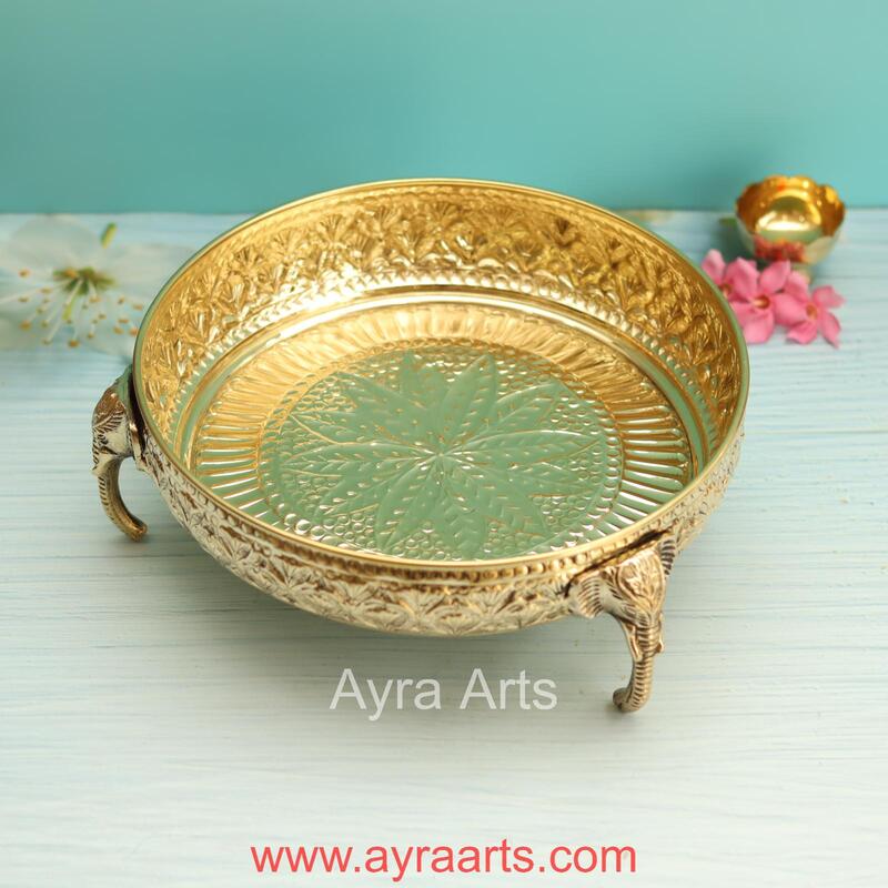 Brass Elephant Carving Plate for Home Decoration - 10 Inch Length