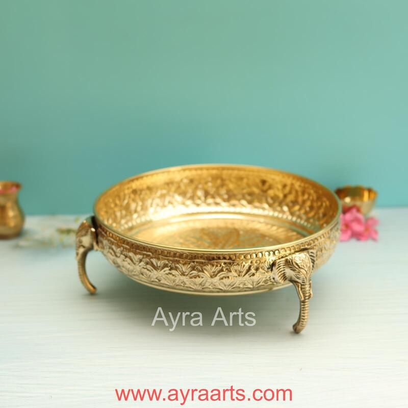 Brass Elephant Carving Plate for Home Decoration - 10 Inch Length