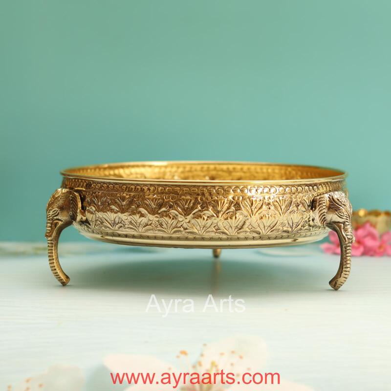 Brass Elephant Carving Plate for Home Decoration - 10 Inch Length