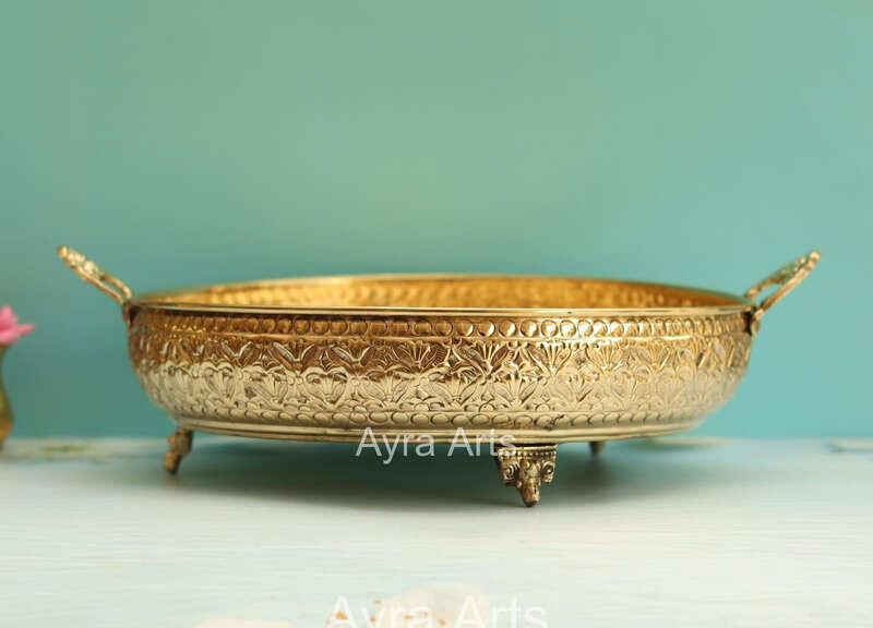 Brass Carving Fruit Basket Plate for Home Decoration - 12 Inch Length