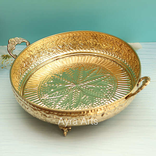 Brass Carving Fruit Basket Plate for Home Decoration - 12 Inch Length