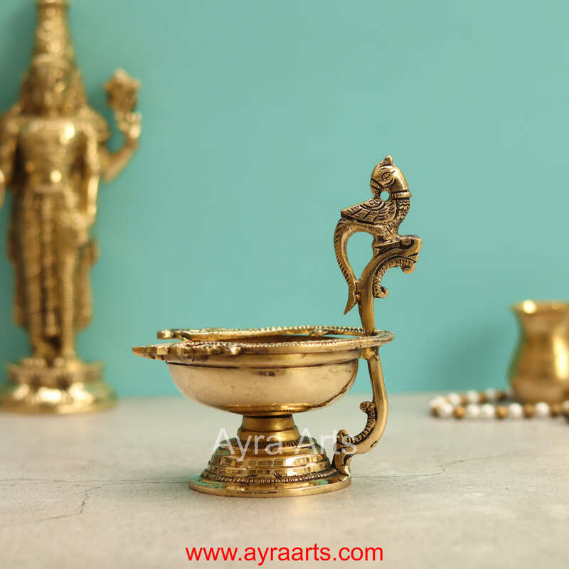 Brass Parrot Diya/Lamp - 6 inch Height | Vibrant Brass Diya with Parrot Shape for Festive Lighting