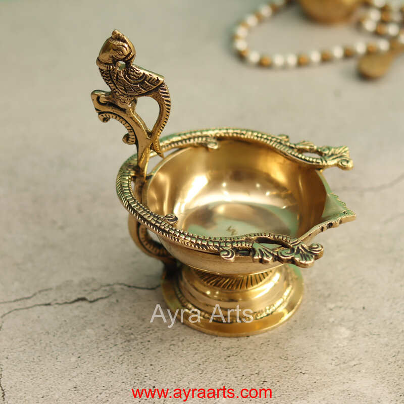 Brass Parrot Diya/Lamp - 6 inch Height | Vibrant Brass Diya with Parrot Shape for Festive Lighting