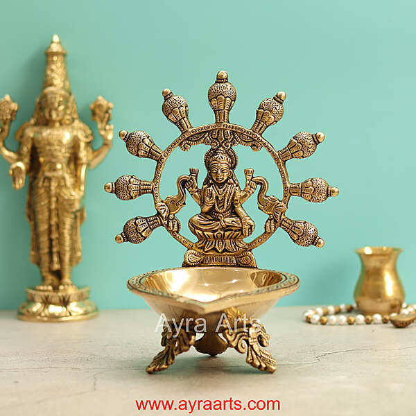 Brass Gaja Lakshmi Diya - 8 inch Height - 8.2 inch Height | Decorative Brass Diya with Gaja Lakshmi Design