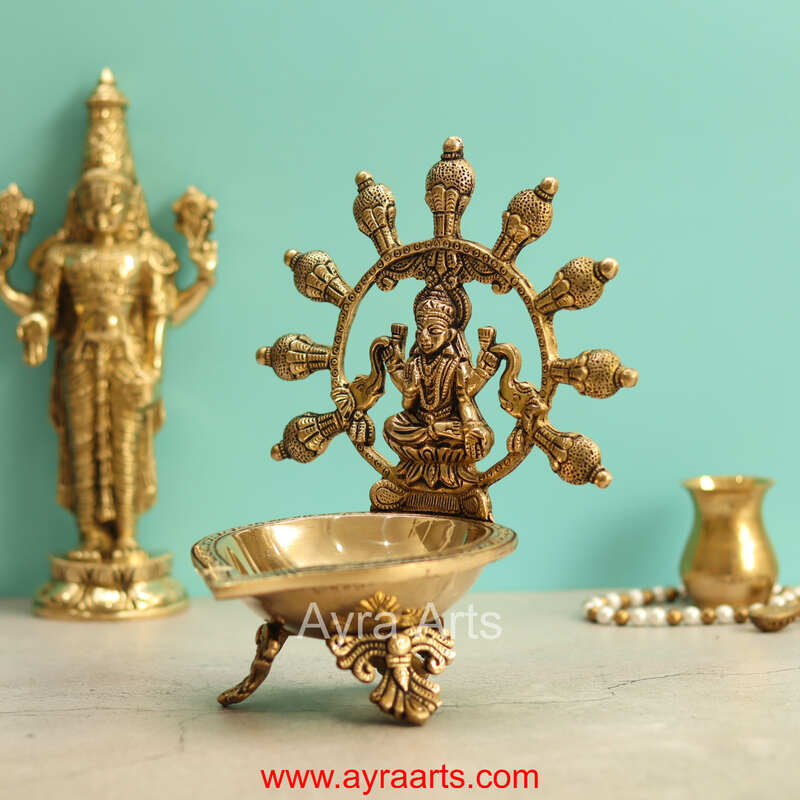 Brass Gaja Lakshmi Diya - 8 inch Height - 8.2 inch Height | Decorative Brass Diya with Gaja Lakshmi Design
