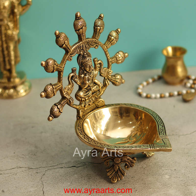 Brass Gaja Lakshmi Diya - 8 inch Height - 8.2 inch Height | Decorative Brass Diya with Gaja Lakshmi Design