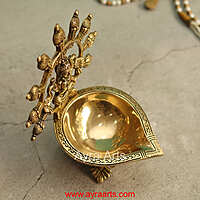 Brass Gaja Lakshmi Diya - 8 inch Height - 8.2 inch Height | Decorative Brass Diya with Gaja Lakshmi Design