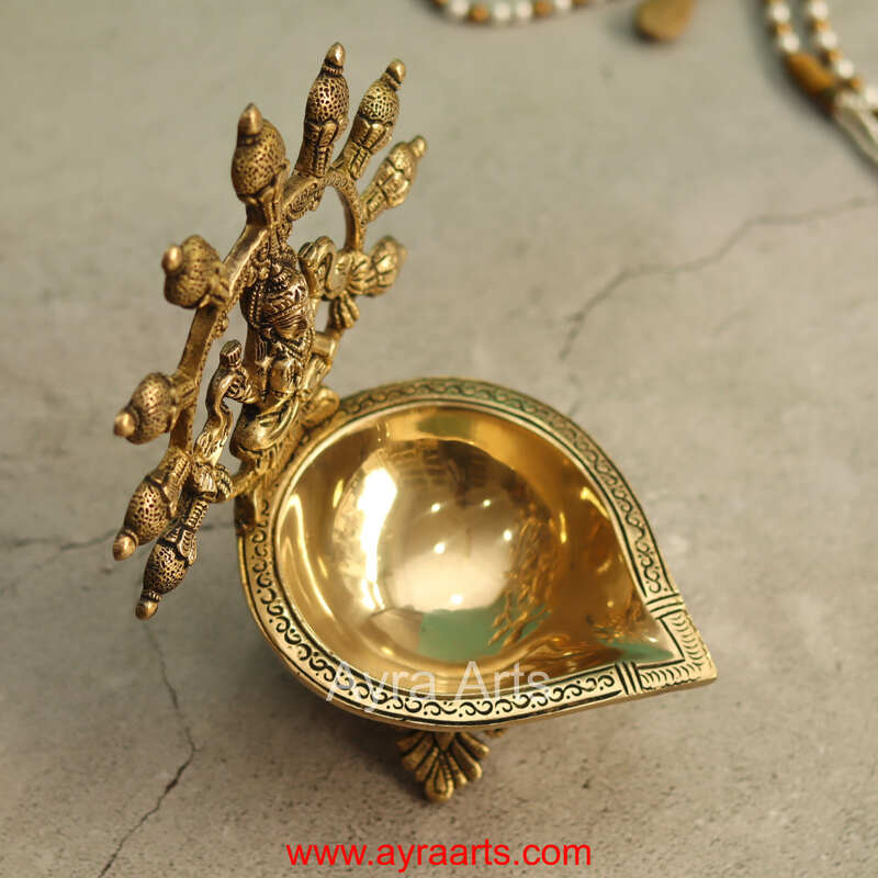 Brass Gaja Lakshmi Diya - 8 inch Height - 8.2 inch Height | Decorative Brass Diya with Gaja Lakshmi Design
