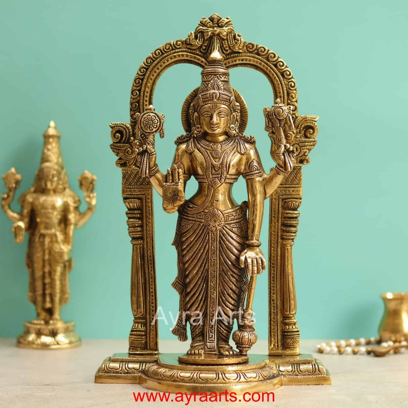 Brass Vishnu Murthi Idol With Prabhavali Frame - 14 Inch Height