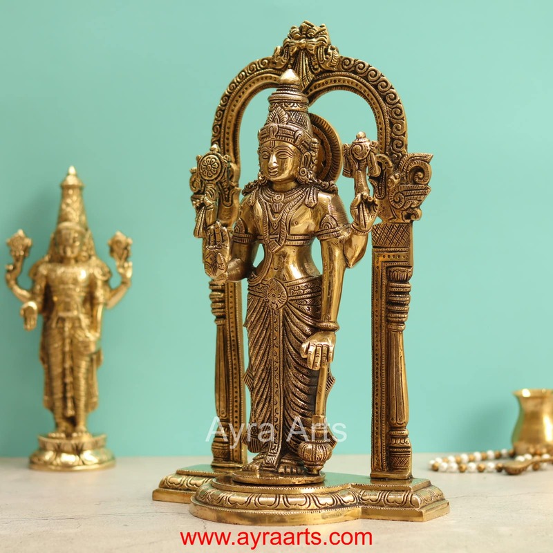 Brass Vishnu Murthi Idol With Prabhavali Frame - 14 Inch Height