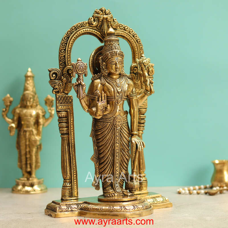 Brass Vishnu Murthi Idol With Prabhavali Frame - 14 Inch Height