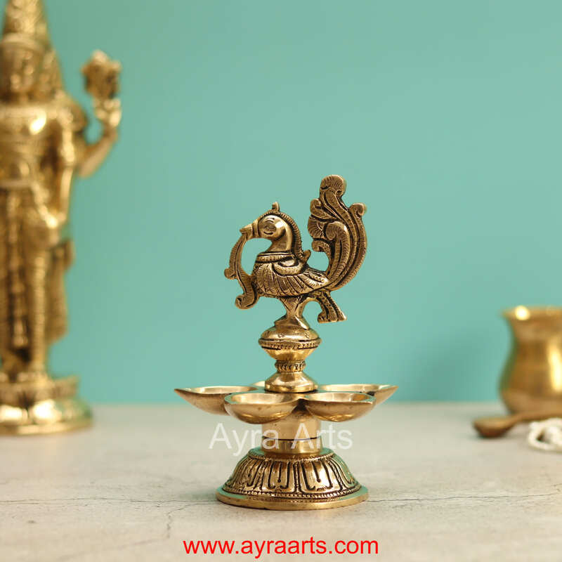 Brass Annapakshi Peacock Five Wick Diya - 5 Inch Height