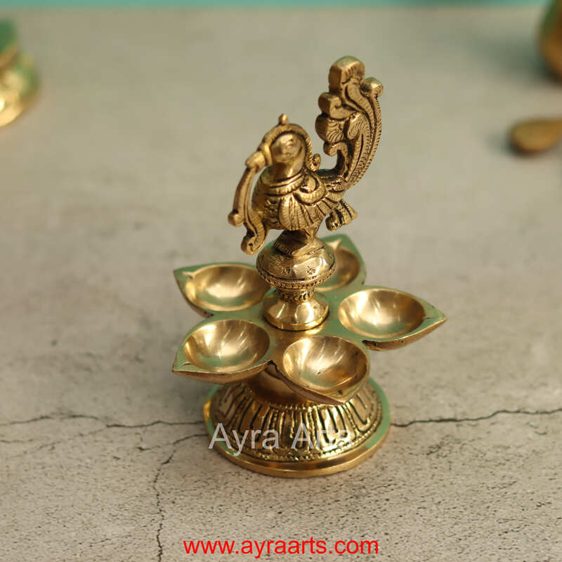 Brass Annapakshi Peacock Five Wick Diya - 5 Inch Height