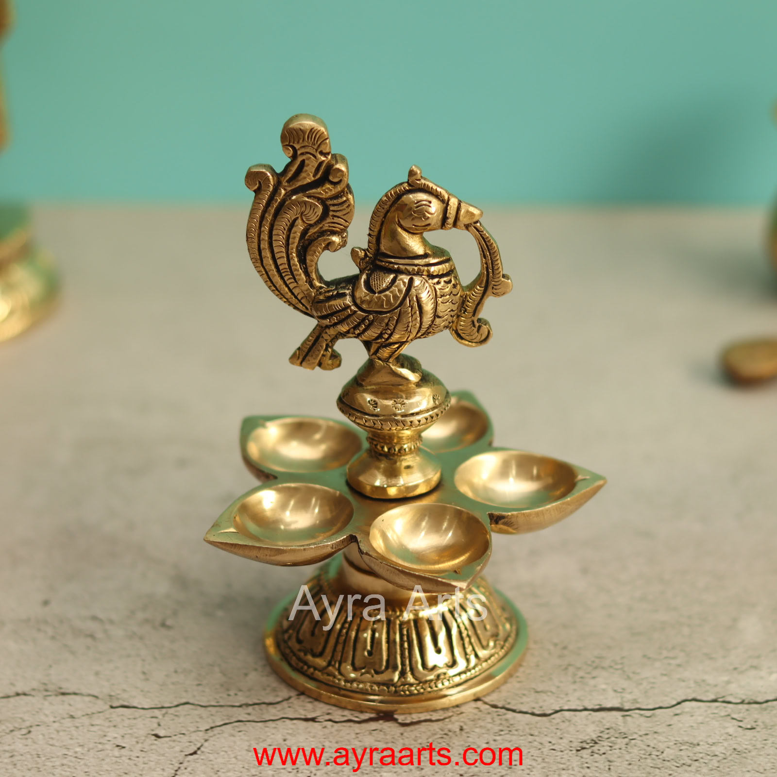 Brass Annapakshi Peacock Five Wick Diya - 5 Inch Height