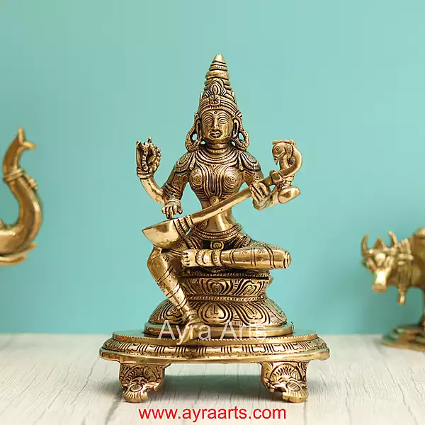 Brass Saraswati Devi Sitting On Chowki - 9 Inch Height