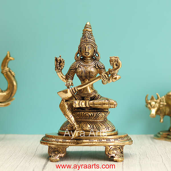 Brass Saraswati Devi Sitting On Chowki - 9 Inch Height