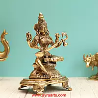 Brass Saraswati Devi Sitting On Chowki - 9 Inch Height