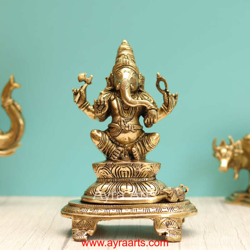 Brass Ganesha Sitting On Chowki - 9 Inch Height