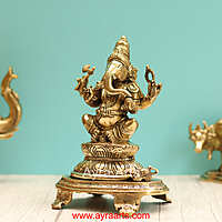 Brass Ganesha Sitting On Chowki - 9 Inch Height
