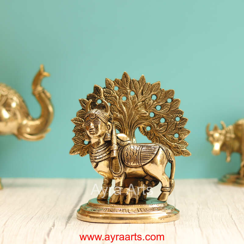 Brass Holy Kamadhenu Under The Kalpavrish Tree - 7 Inch Height