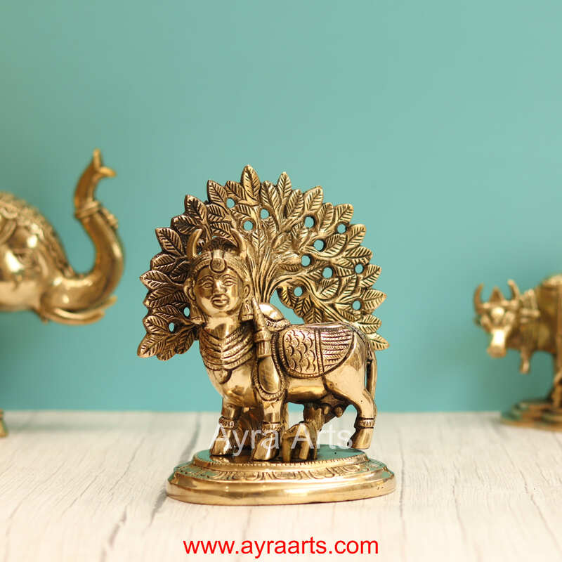 Brass Holy Kamadhenu Under The Kalpavrish Tree - 7 Inch Height