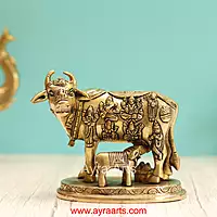 Brass Handcrafted Cow with Calf Engraved with Hindu Deities - 5.25 Inch Height