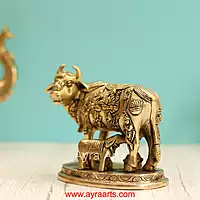 Brass Handcrafted Cow with Calf Engraved with Hindu Deities - 5.25 Inch Height