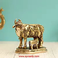 Brass Handcrafted Cow with Calf Engraved with Hindu Deities - 5.25 Inch Height