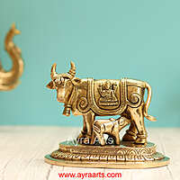 Brass Kamdhenu Holy Cow And Calf with Lakshmi Ganesh Carving - 5 Inch Height