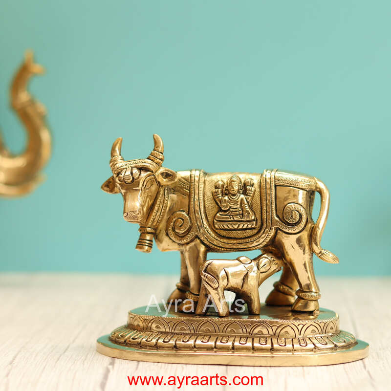 Brass Kamdhenu Holy Cow And Calf with Lakshmi Ganesh Carving - 5 Inch Height