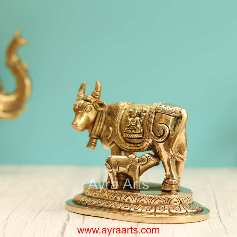Brass Kamdhenu Holy Cow And Calf with Lakshmi Ganesh Carving - 5 Inch Height