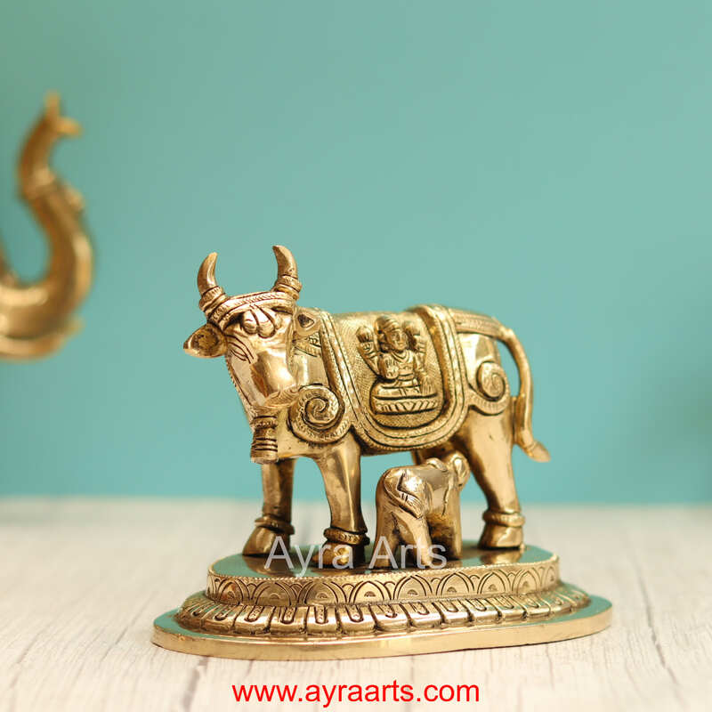 Brass Kamdhenu Holy Cow And Calf with Lakshmi Ganesh Carving - 5 Inch Height