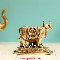 Brass Kamdhenu Holy Cow And Calf with Lakshmi Ganesh Carving - 5 Inch Height