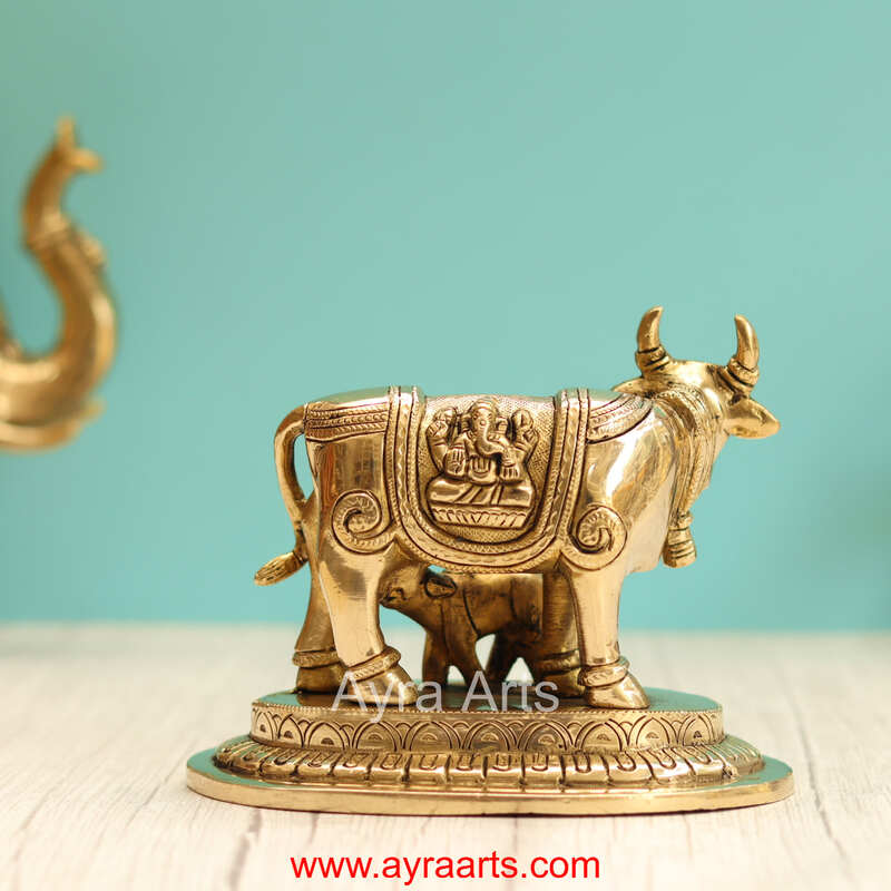 Brass Kamdhenu Holy Cow And Calf with Lakshmi Ganesh Carving - 5 Inch Height