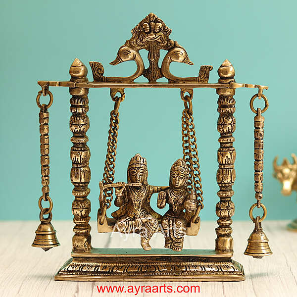 Lord Radha Krishna on Swing/Jhula Brass Traditional Home Decor - 10 Inch Height